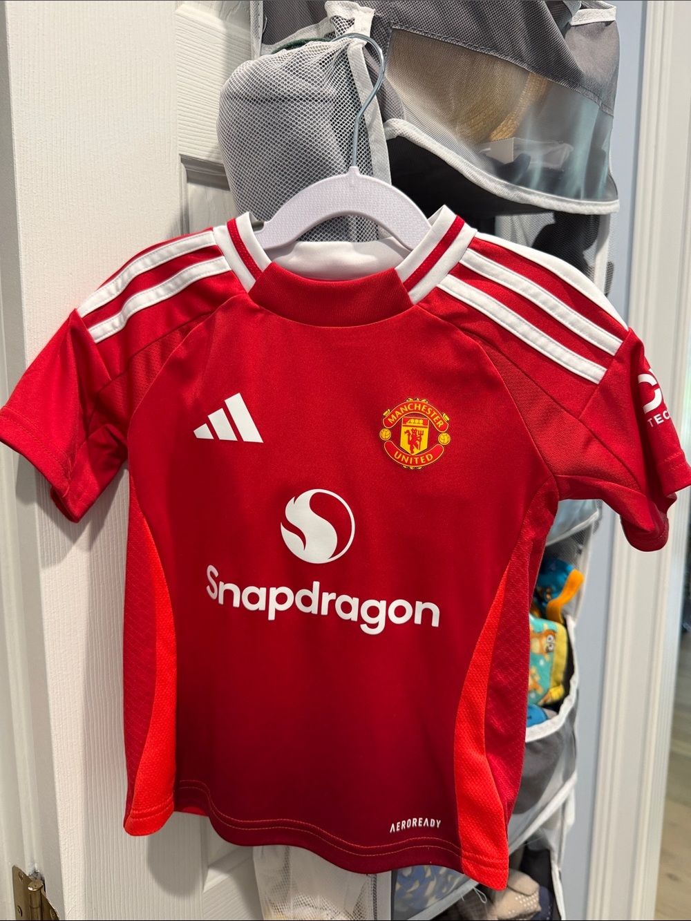 adidas Kids Red Manchester United Style Soccer Jersey with White Accents